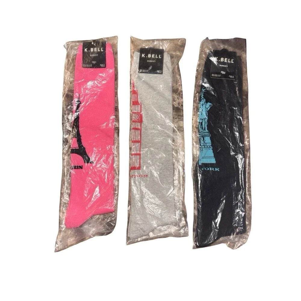 K Bell Knee High Socks Women’s 3 Pack Paris NYC Statue Novelty